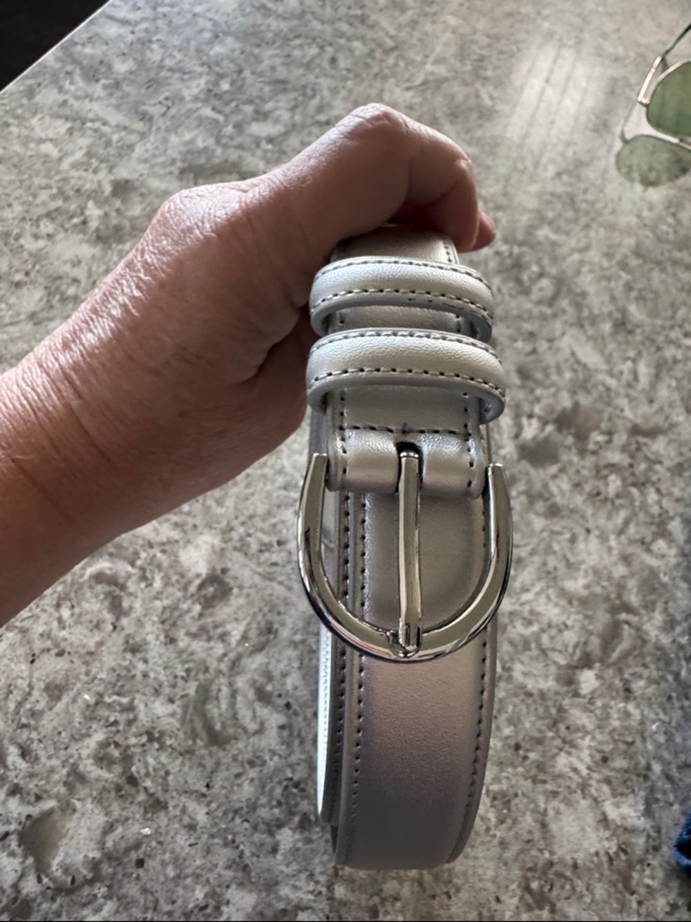 Women’s Metallic Silver Leather Belt with Polished Buckle